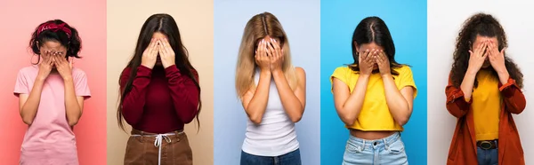 Conjunto Mujeres Sobre Fondo Colorido Aislado Con Expresión Cansada Enferma —  Fotos de Stock