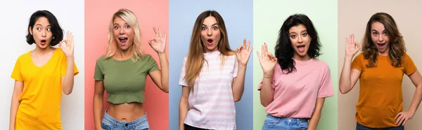 Reihe Von Frauen Über Isolierten Bunten Hintergrund Überrascht Und Zeigt — Stockfoto