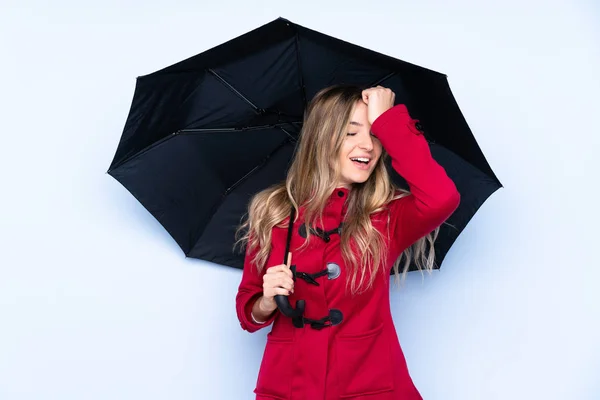 Jeune Femme Avec Manteau Hiver Tenant Parapluie Réalisé Quelque Chose — Photo