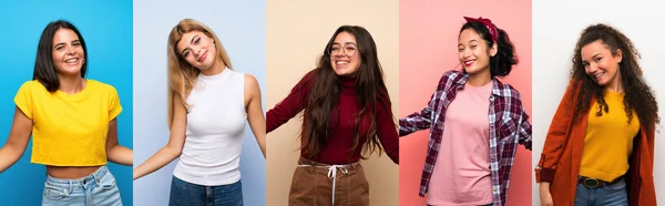 Soyutlanmış Renkli Arka Planda Gülümseyen Kadınlar — Stok fotoğraf