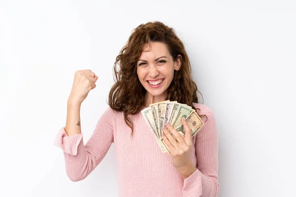 Young Pretty Woman Isolated Background Taking Lot Money — Stock Photo, Image