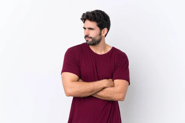 Jovem Homem Bonito Com Barba Sobre Fundo Branco Isolado Retrato — Fotografia de Stock