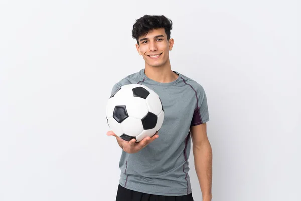 Jovem Argentino Homem Sobre Isolado Fundo Branco Com Bola Futebol — Fotografia de Stock