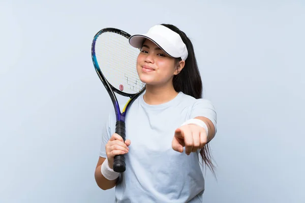 Дівчинка Підліток Азії Яка Грає Теніс Пальцем Тебе Упевненістю — стокове фото