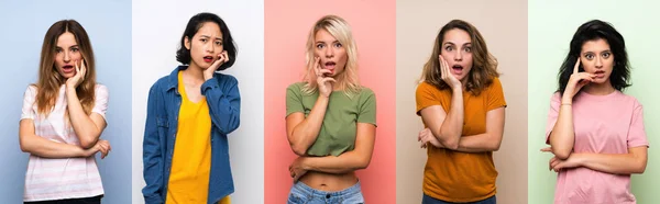 Conjunto Mujeres Sobre Fondo Colorido Aislado Sorprendido Sorprendido Mientras Mira — Foto de Stock