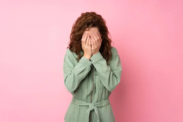 Young Pretty Woman Isolated Pink Background Tired Sick Expression — Stock Fotó