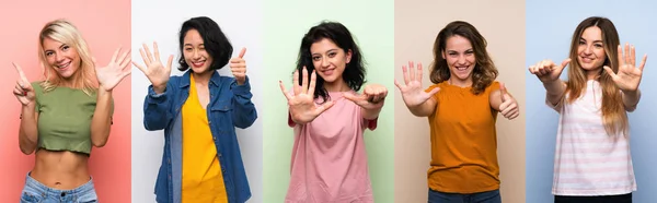 Frauen Auf Isoliertem Buntem Hintergrund Die Mit Den Fingern Sechs — Stockfoto