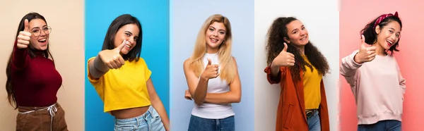 Conjunto Mujeres Sobre Fondo Colorido Aislado Con Pulgares Hacia Arriba — Foto de Stock