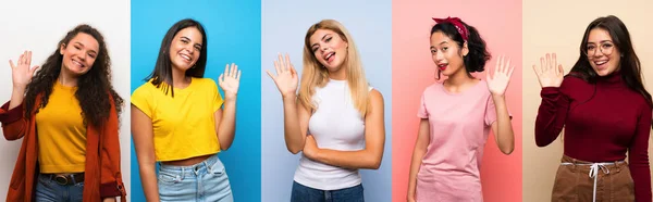 Frauen Vor Isoliertem Buntem Hintergrund Salutieren Mit Fröhlichem Gesichtsausdruck — Stockfoto