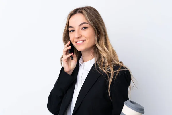 Junge Geschäftsfrau über isoliertem weißen Hintergrund mit einem Cu — Stockfoto
