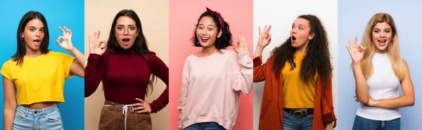 Conjunto Mujeres Sobre Fondo Colorido Aislado Sorprendido Mostrando Signo — Foto de Stock