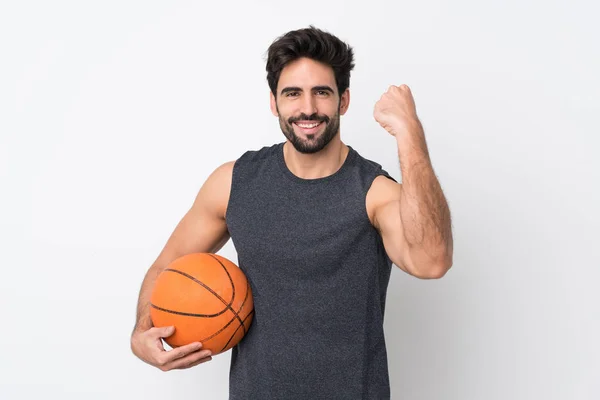 Jugador Baloncesto Hombre Con Barba Sobre Fondo Blanco Aislado Celebrando —  Fotos de Stock