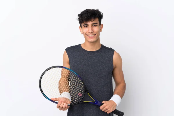 Joven Argentino Sobre Fondo Blanco Aislado Jugando Tenis — Foto de Stock