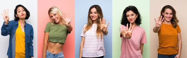 Uppsättning Kvinnor Över Isolerade Färgglada Bakgrund Glad Och Räkna Fyra — Stockfoto