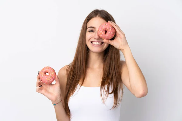 Young Woman Isolated White Background Holding Donut Happy — Stock Photo, Image