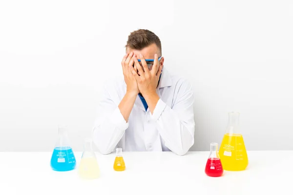 Young Scientific Lots Laboratory Flask Covering Eyes Looking Fingers — 스톡 사진