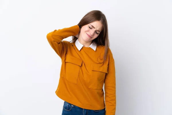 Junge Frau Über Isoliertem Weißen Hintergrund Mit Nackenschmerzen — Stockfoto
