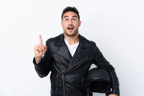 Man Motorcycle Helmet Surprised Pointing — Stockfoto