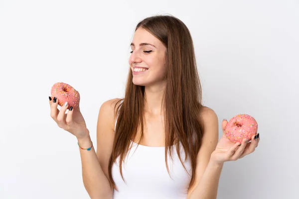 Young Woman Isolated White Background Holding Donuts Happy Expression — Stock Photo, Image