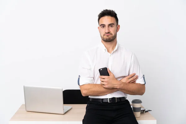 Young Business Man Mobile Phone Workplace Sad — Stok fotoğraf
