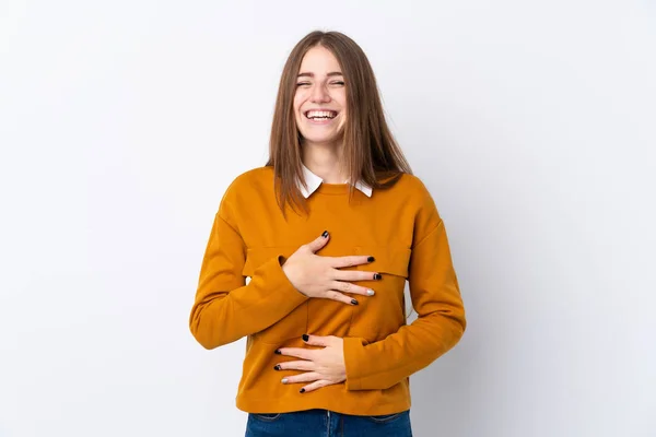 Giovane Donna Sfondo Bianco Isolato Sorridente Molto — Foto Stock