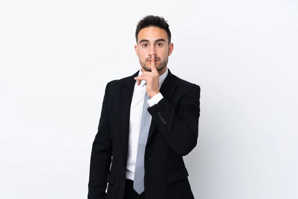 Young Business Man Isolated Background Doing Silence Gesture — Stockfoto