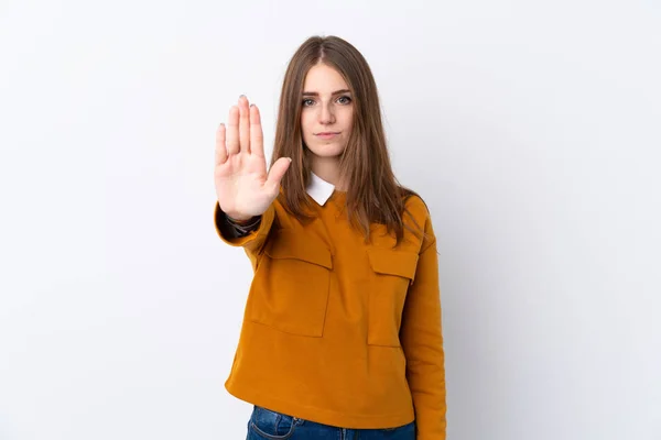 Junge Frau Über Isoliertem Weißen Hintergrund Macht Stop Geste — Stockfoto