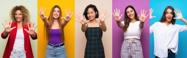 Set of women over isolated colorful background counting ten with fingers