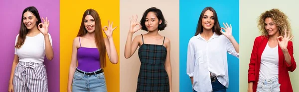 Conjunto Mujeres Sobre Fondo Colorido Aislado Mostrando Signo Con Los —  Fotos de Stock