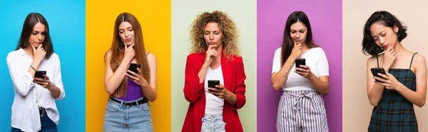 Conjunto Mulheres Sobre Fundo Colorido Isolado Pensando Enviando Uma Mensagem — Fotografia de Stock