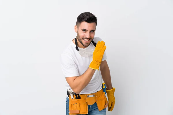 Craftsmen Electrician Man Isolated White Background Whispering Something — Stock Photo, Image