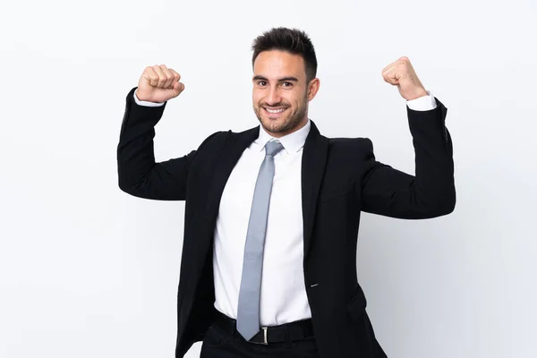 Jonge Zakenman Geïsoleerde Achtergrond Viert Overwinning — Stockfoto