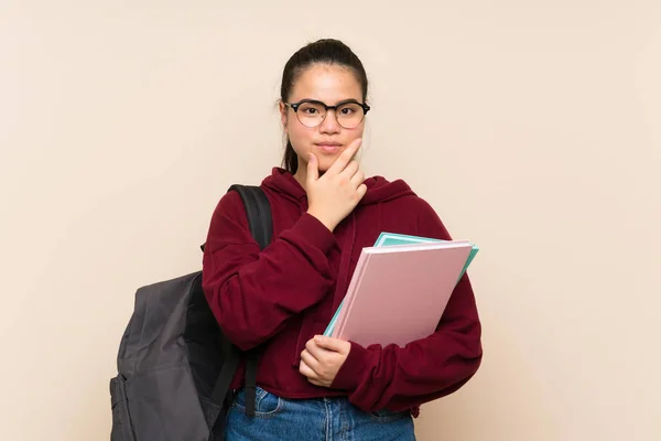 Joven Estudiante Asiático Chica Mujer Sobre Aislado Fondo Pensamiento Idea — Foto de Stock