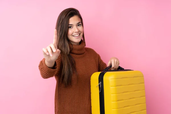Adolescente Chica Sobre Aislado Rosa Fondo Vacaciones Con Viaje Maleta — Foto de Stock