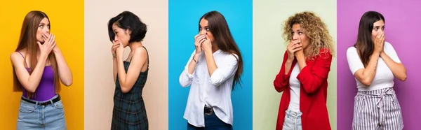 Set Women Isolated Colorful Background Covering Mouth Looking Side — Stok fotoğraf