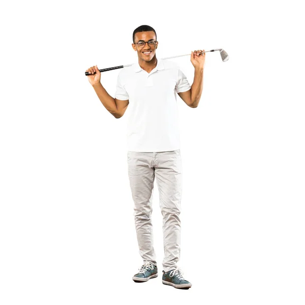 非洲裔美国高尔夫球手在孤立的白色背景的全长拍摄 — 图库照片