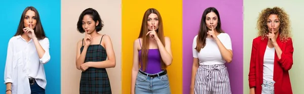 Set Van Vrouwen Geïsoleerde Kleurrijke Achtergrond Met Een Teken Van — Stockfoto