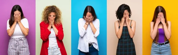 Conjunto Mujeres Sobre Fondo Colorido Aislado Con Expresión Cansada Enferma — Foto de Stock