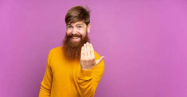 Roodharige Man Met Lange Baard Geïsoleerde Paarse Achtergrond Uitnodigend Met — Stockfoto