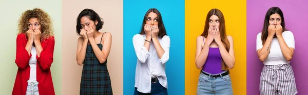 Conjunto Mujeres Sobre Fondo Colorido Aislado Nervioso Asustado Poniendo Las —  Fotos de Stock