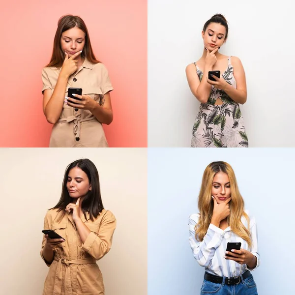 Set of women over isolated backgrounds thinking and sending a message