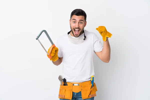 Artesãos ou eletricista homem sobre fundo branco isolado — Fotografia de Stock