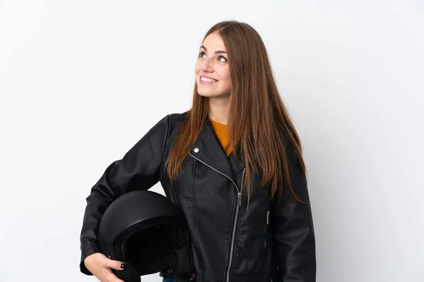 Donna Con Casco Moto Ridendo Guardando Alto — Foto Stock