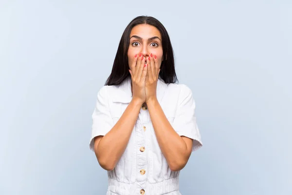 Young Woman Isolated Blue Background Surprise Facial Expression — Stock Photo, Image