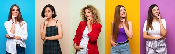 Set Van Vrouwen Geïsoleerde Kleurrijke Achtergrond Denken Een Idee Tijdens — Stockfoto