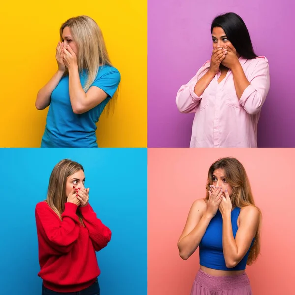 Set Women Isolated Backgrounds Covering Mouth Looking Side — Stock Photo, Image