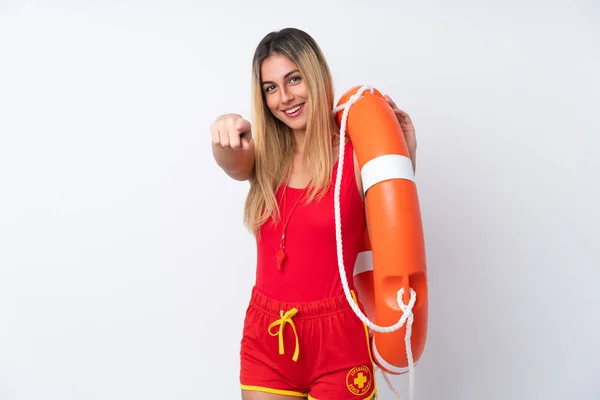 Lifeguard Woman Isolated White Background Points Finger You Confident Expression — 스톡 사진