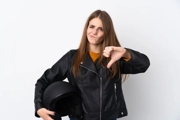 Vrouw Met Een Motorhelm Met Duim Naar Beneden Teken — Stockfoto