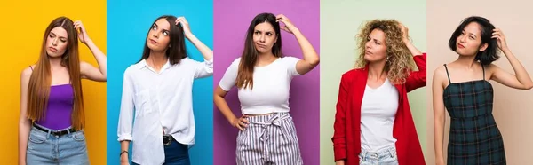 Set Van Vrouwen Geïsoleerde Kleurrijke Achtergrond Met Twijfels Tijdens Het — Stockfoto