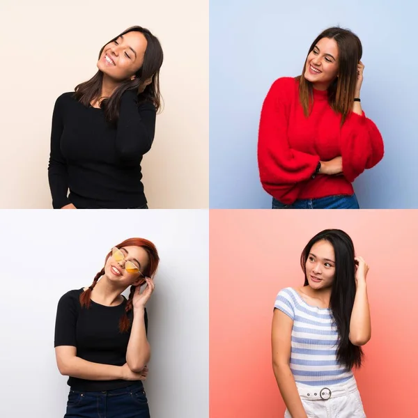 Set of women over isolated backgrounds thinking an idea